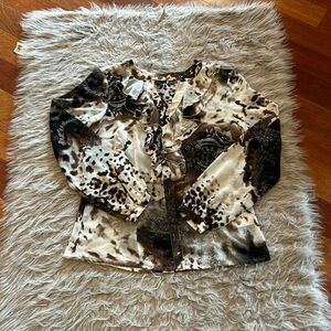 NWOT Tribal polyester cheetah print, white, black and brown ruffled blouse